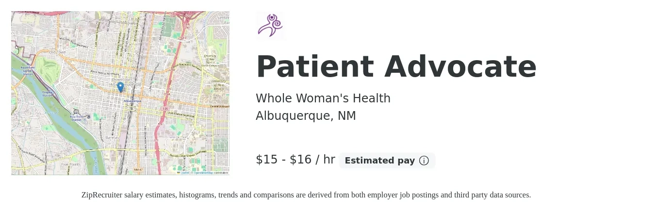 Whole Woman's Health job posting for a Patient Advocate in Albuquerque, NM with a salary of $16 to $17 Hourly with a map of Albuquerque location.