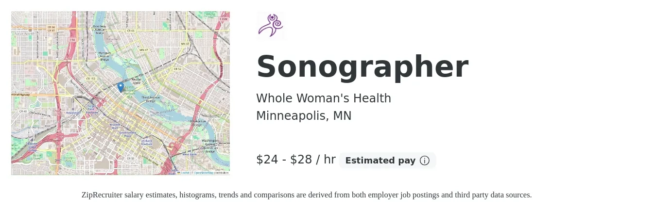 Whole Woman's Health job posting for a Sonographer in Minneapolis, MN with a salary of $25 to $30 Hourly with a map of Minneapolis location.