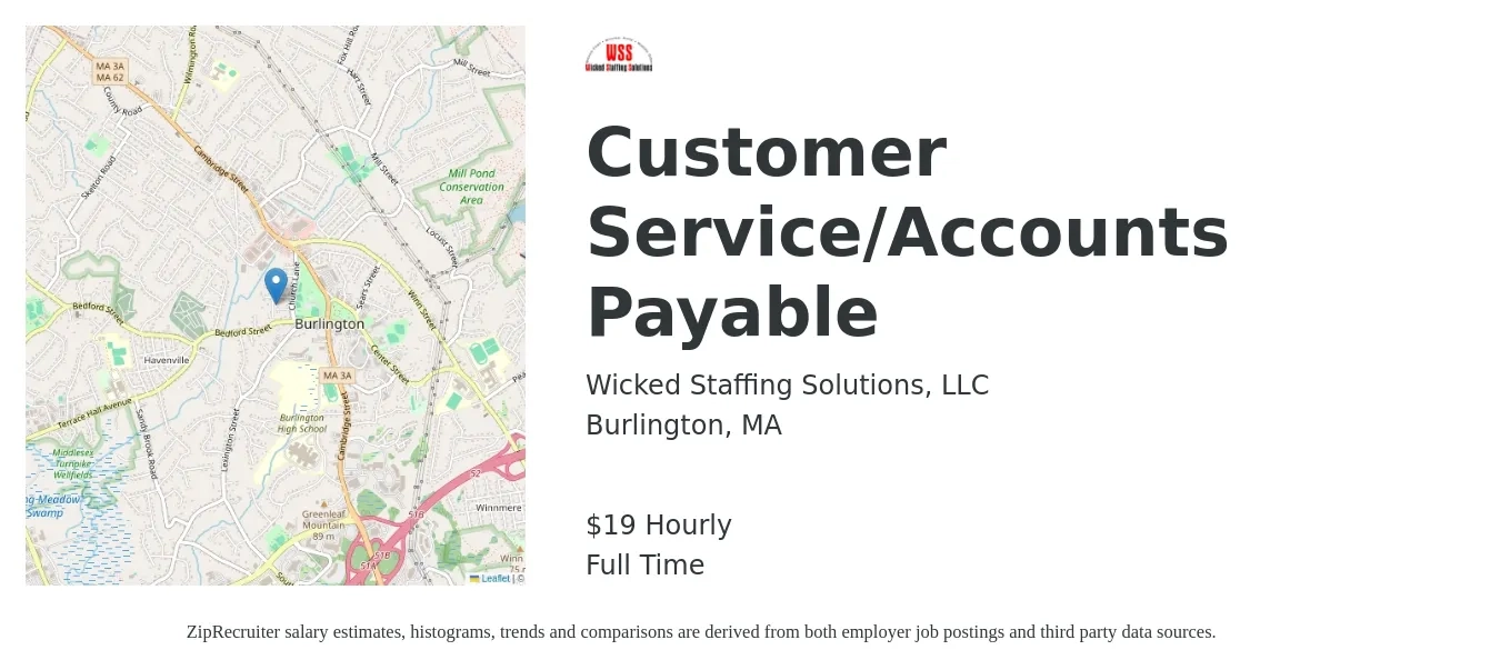 Wicked Staffing Solutions, LLC job posting for a Customer Service/Accounts Payable in Burlington, MA with a salary of $20 Hourly with a map of Burlington location.