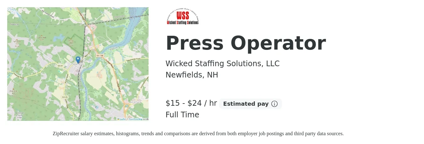 Wicked Staffing Solutions job posting for a Press Operator in Newfields, NH with a salary of $16 to $25 Hourly with a map of Newfields location.