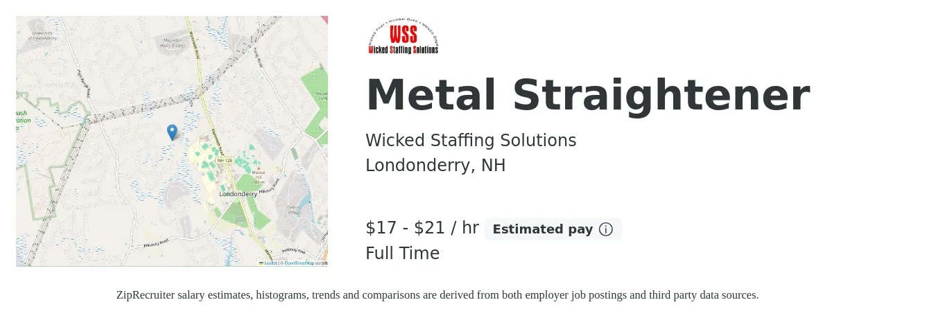 Wicked Staffing Solutions job posting for a Metal Straightener in Londonderry, NH with a salary of $18 to $22 Hourly with a map of Londonderry location.