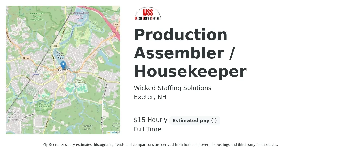 Wicked Staffing Solutions job posting for a Production Assembler / Housekeeper in Exeter, NH with a salary of $16 Hourly with a map of Exeter location.