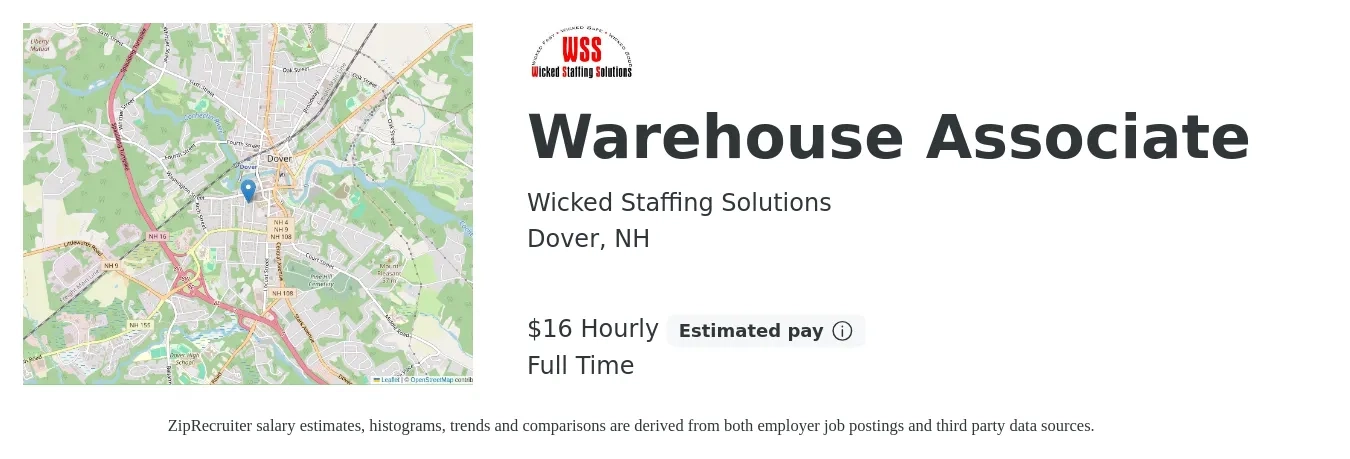 Wicked Staffing Solutions job posting for a Warehouse Associate in Dover, NH with a salary of $17 Hourly with a map of Dover location.