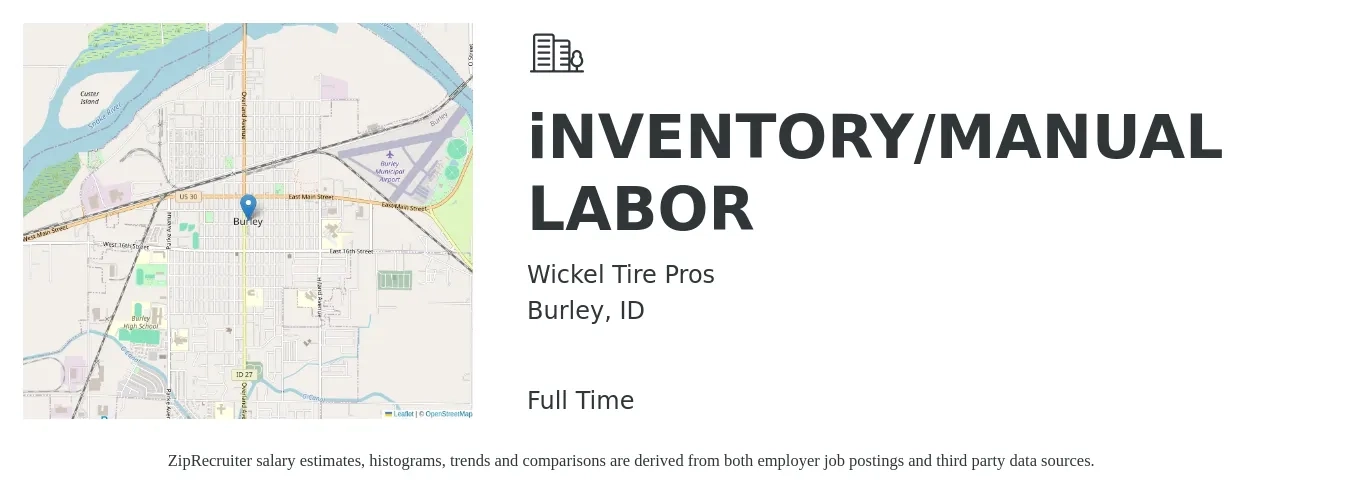 Wickel Tire Pros job posting for a iNVENTORY/MANUAL LABOR in Burley, ID with a salary of $16 to $24 Hourly with a map of Burley location.