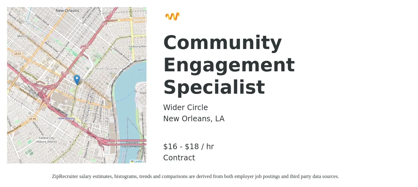 Wider Circle job posting for a Community Engagement Specialist in New Orleans, LA with a salary of $17 to $19 Hourly with a map of New Orleans location.