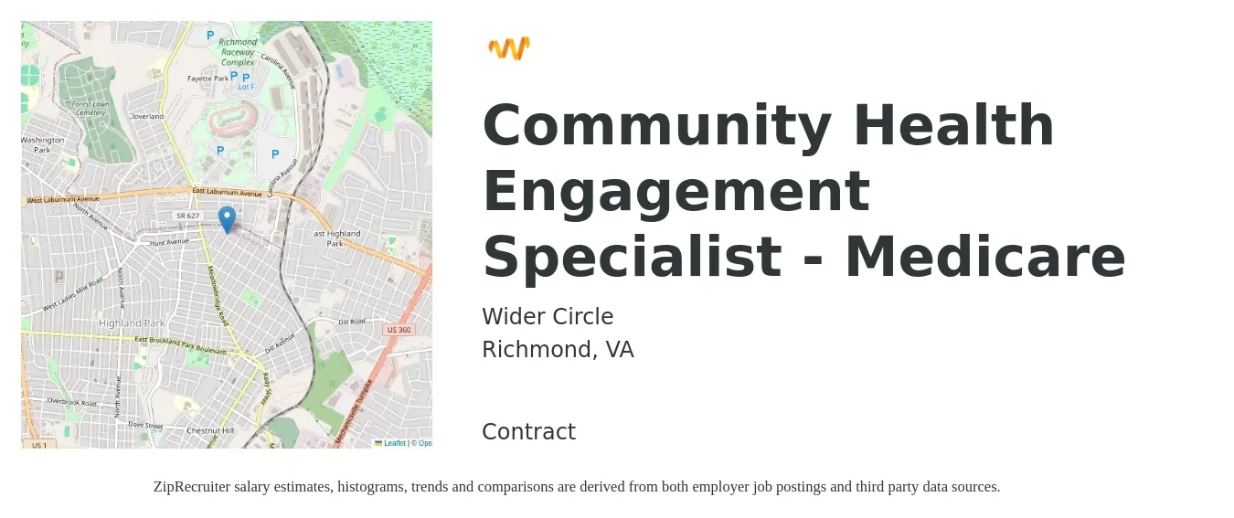 Wider Circle job posting for a Community Health Engagement Specialist - Medicare in Richmond, VA with a salary of $40,600 to $67,800 Yearly with a map of Richmond location.