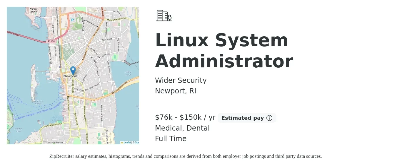 Wider Security job posting for a Linux System Administrator in Newport, RI with a salary of $76,000 to $150,000 Yearly and benefits including dental, life_insurance, medical, pto, and retirement with a map of Newport location.