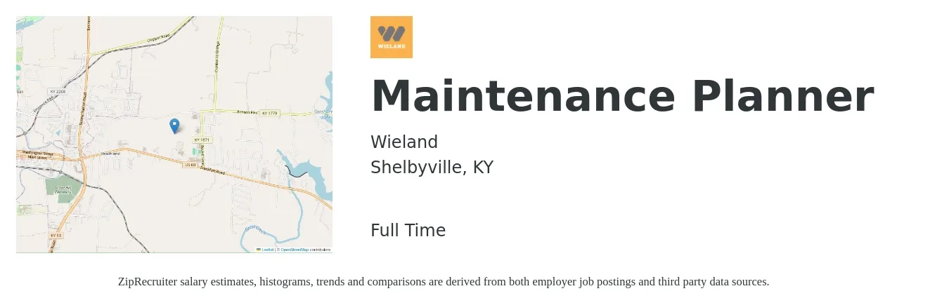 Wieland job posting for a Maintenance Planner in Shelbyville, KY with a salary of $27 to $41 Hourly with a map of Shelbyville location.