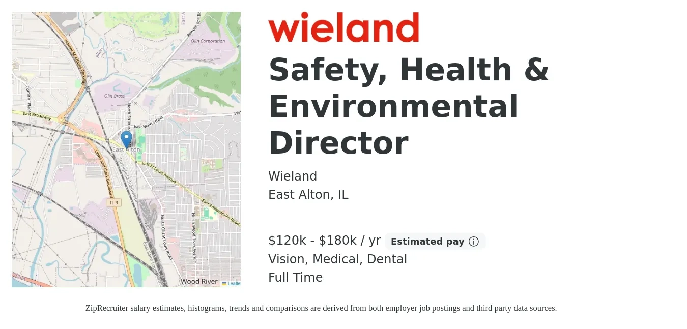 Wieland job posting for a Safety, Health & Environmental Director in East Alton, IL with a salary of $120,000 to $180,000 Yearly and benefits including retirement, vision, dental, life_insurance, medical, and pto with a map of East Alton location.