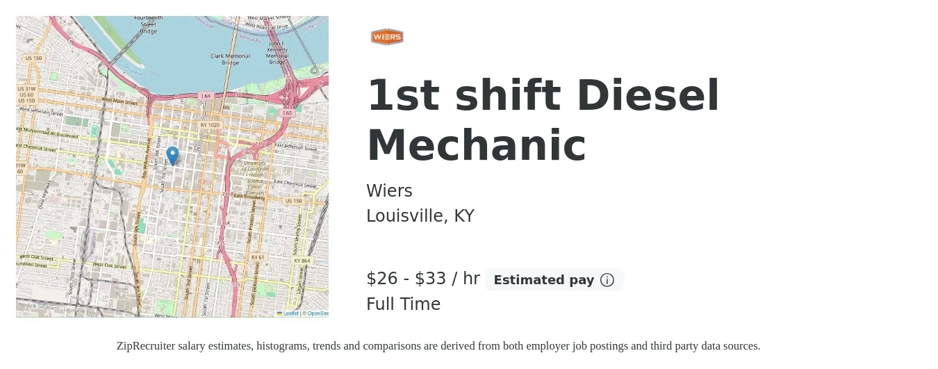 Wiers job posting for a 1st shift Diesel Mechanic in Louisville, KY with a salary of $28 to $35 Hourly with a map of Louisville location.