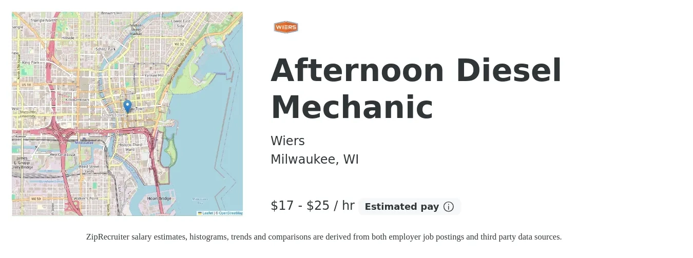 Wiers job posting for a Afternoon Diesel Mechanic in Milwaukee, WI with a salary of $18 to $27 Hourly with a map of Milwaukee location.