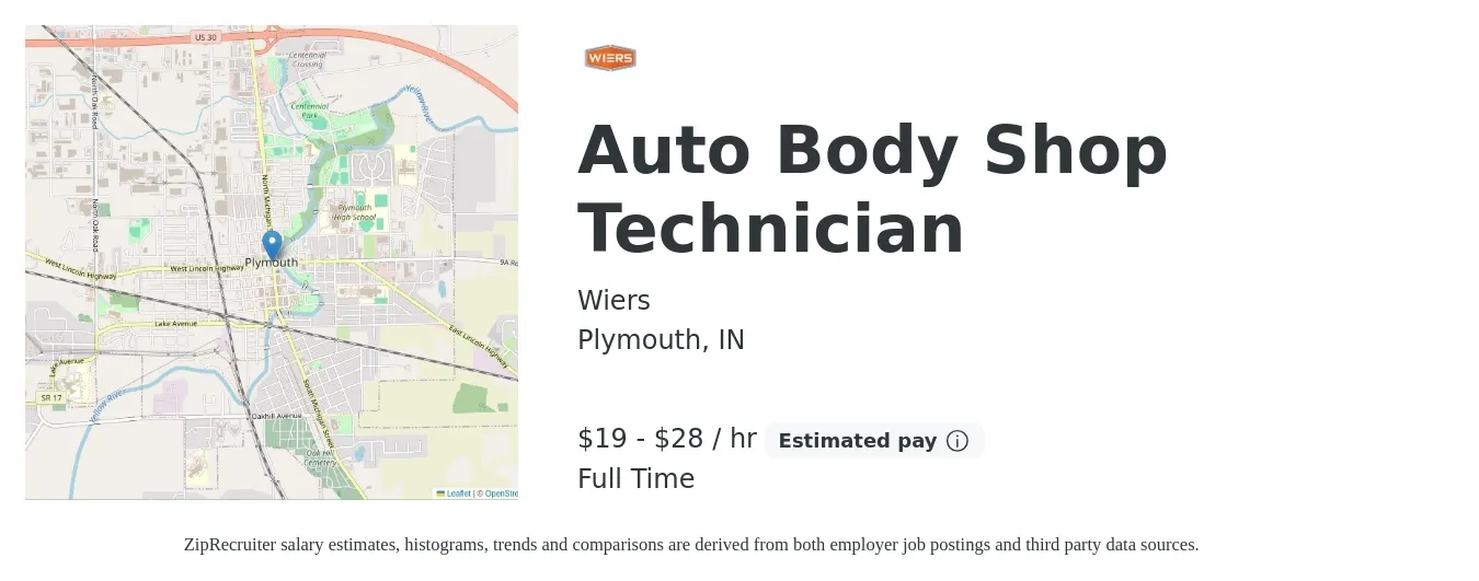 Wiers job posting for a Auto Body Shop Technician in Plymouth, IN with a salary of $20 to $30 Hourly with a map of Plymouth location.