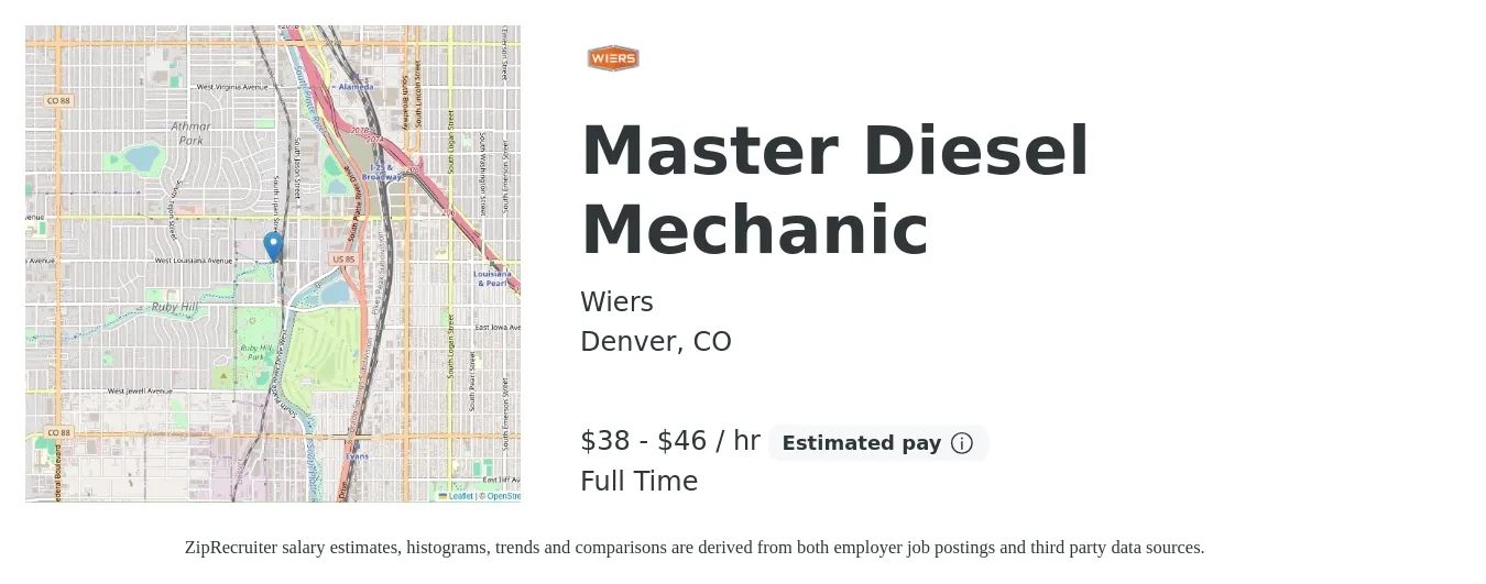 Wiers job posting for a Master Diesel Mechanic in Denver, CO with a salary of $40 to $48 Hourly with a map of Denver location.