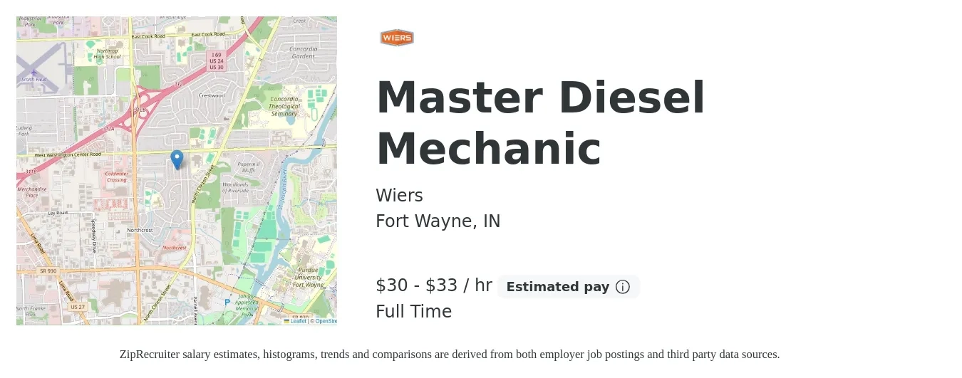 Wiers job posting for a Master Diesel Mechanic in Fort Wayne, IN with a salary of $30 to $35 Hourly with a map of Fort Wayne location.