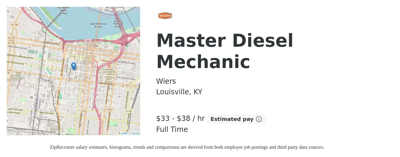 Wiers job posting for a Master Diesel Mechanic in Louisville, KY with a salary of $35 to $40 Hourly with a map of Louisville location.