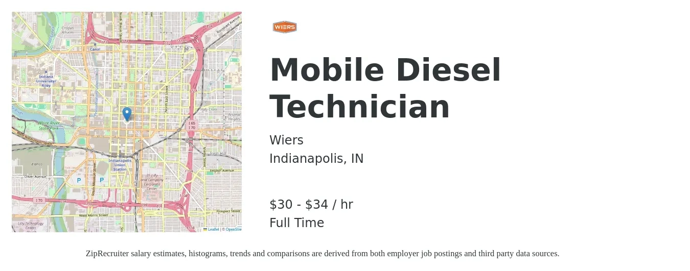 Wiers job posting for a Mobile Diesel Technician in Indianapolis, IN with a salary of $32 to $36 Hourly with a map of Indianapolis location.