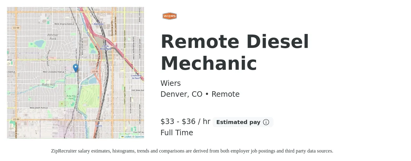 Wiers job posting for a Remote Diesel Mechanic in Denver, CO with a salary of $35 to $38 Hourly with a map of Denver location.