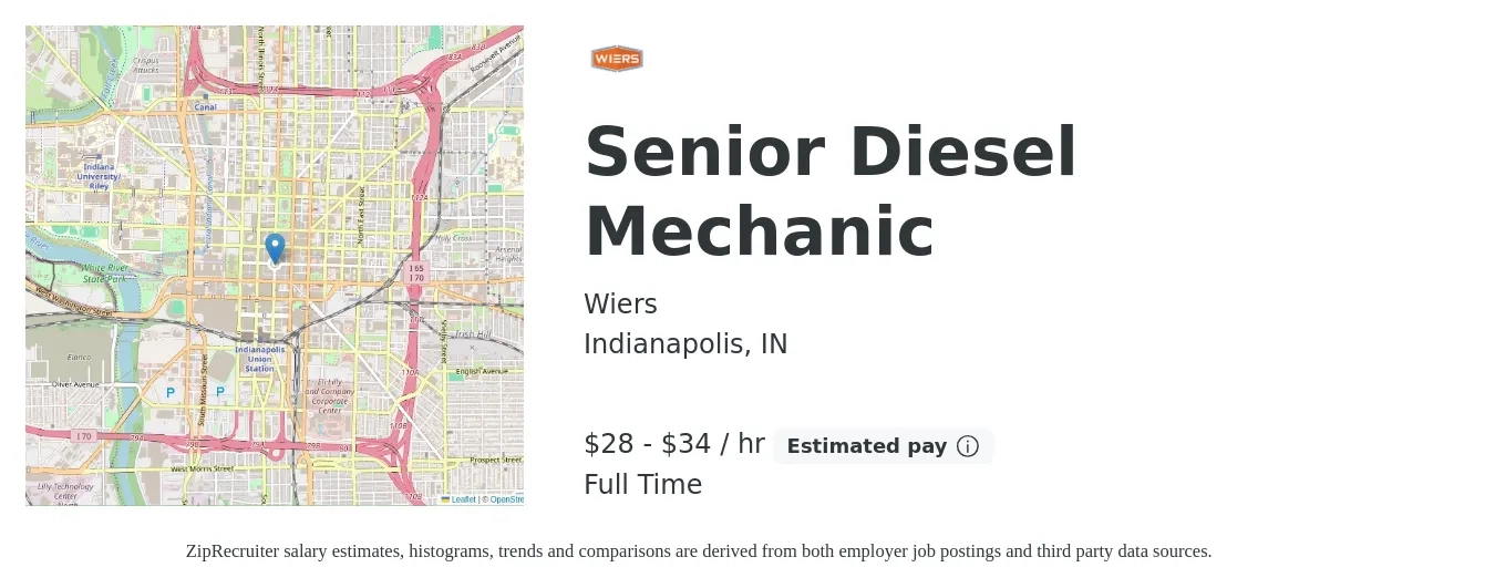 Wiers job posting for a Senior Diesel Mechanic in Indianapolis, IN with a salary of $30 to $35 Hourly with a map of Indianapolis location.