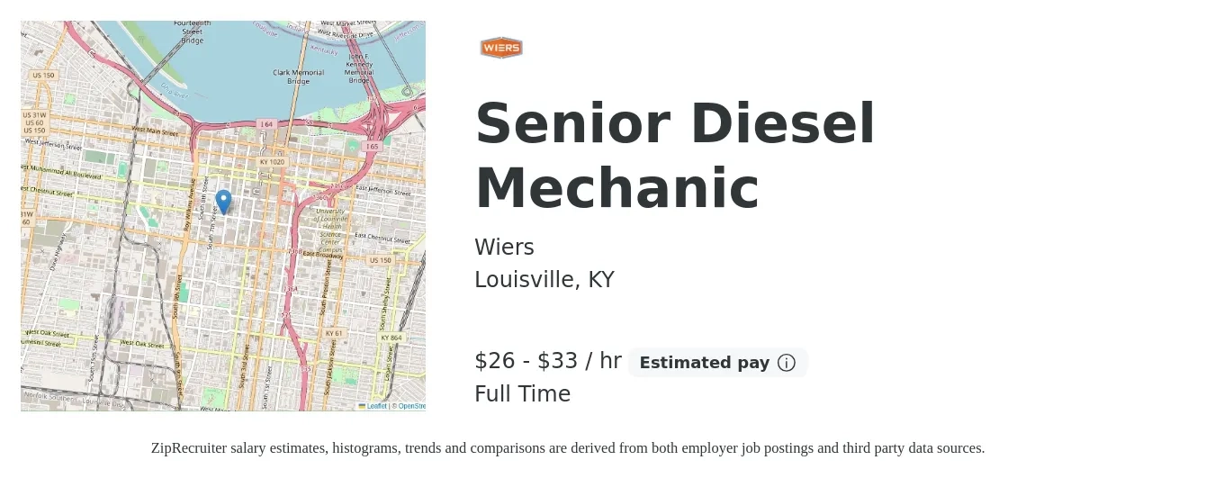 Wiers job posting for a Senior Diesel Mechanic in Louisville, KY with a salary of $28 to $35 Hourly with a map of Louisville location.