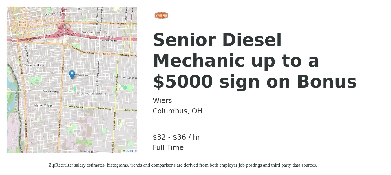 Wiers job posting for a Senior Diesel Mechanic up to a $5,000 Sign on BONUS in Columbus, OH with a salary of $34 to $38 Hourly with a map of Columbus location.