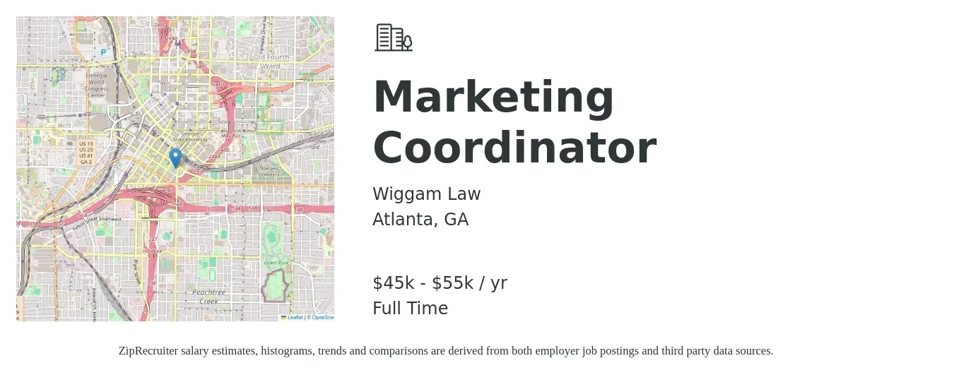 Wiggam Law job posting for a Marketing Coordinator in Atlanta, GA with a salary of $45,000 to $55,000 Yearly with a map of Atlanta location.