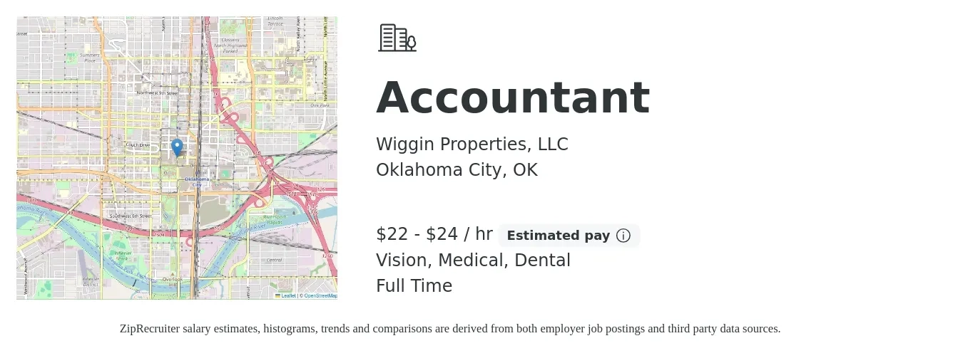 Wiggin Properties, LLC job posting for a Accountant in Oklahoma City, OK with a salary of $23 to $25 Hourly and benefits including dental, life_insurance, medical, pto, retirement, and vision with a map of Oklahoma City location.