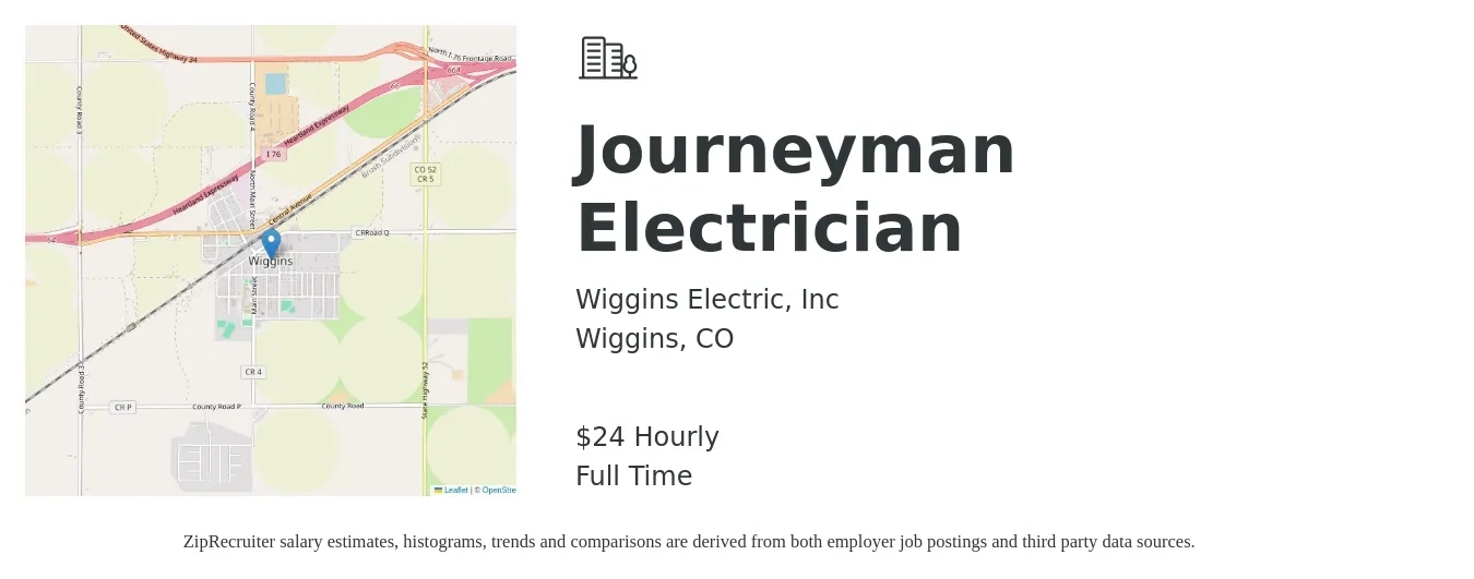 Wiggins Electric, Inc job posting for a Journeyman Electrician in Wiggins, CO with a salary of $25 Hourly with a map of Wiggins location.