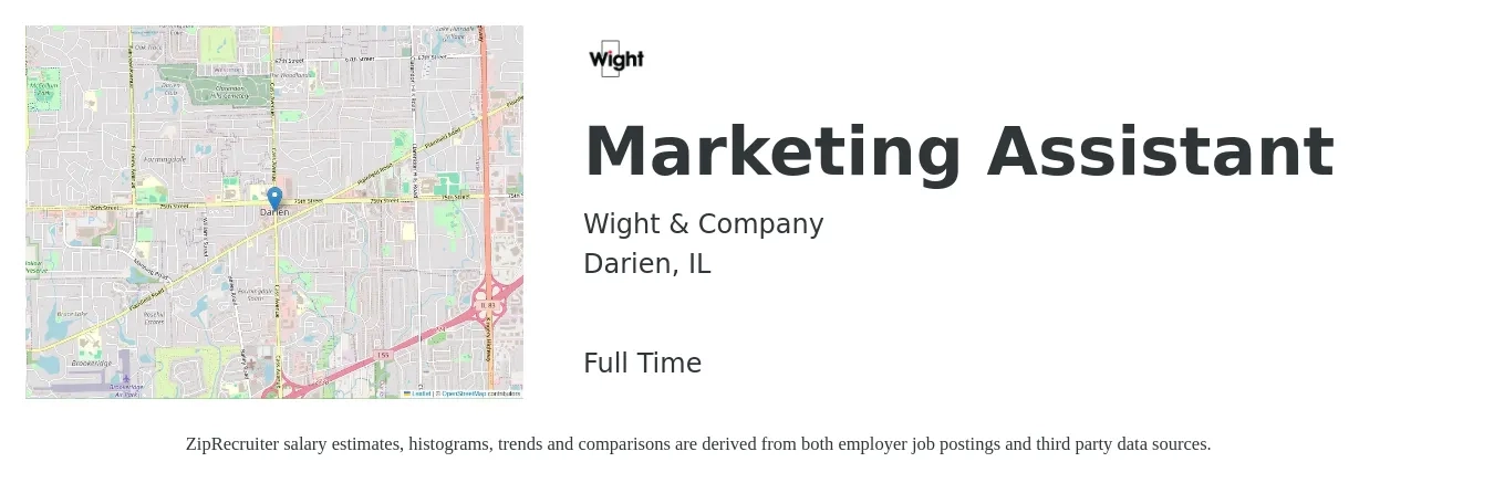 Wight & Company job posting for a Marketing Assistant in Darien, IL with a salary of $39,000 to $49,200 Yearly with a map of Darien location.