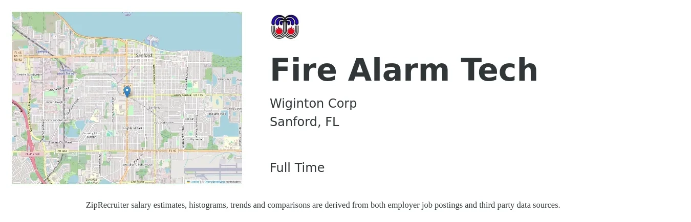 Wiginton Corp job posting for a Fire Alarm Tech in Sanford, FL with a salary of $20 to $29 Hourly with a map of Sanford location.