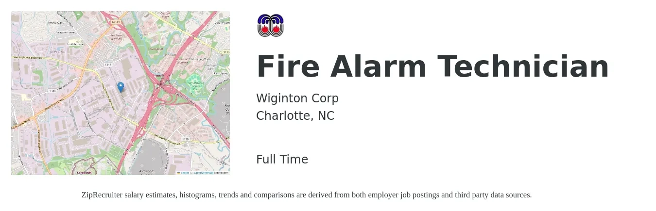 Wiginton Corp job posting for a Fire Alarm Technician in Charlotte, NC with a salary of $22 to $29 Hourly with a map of Charlotte location.