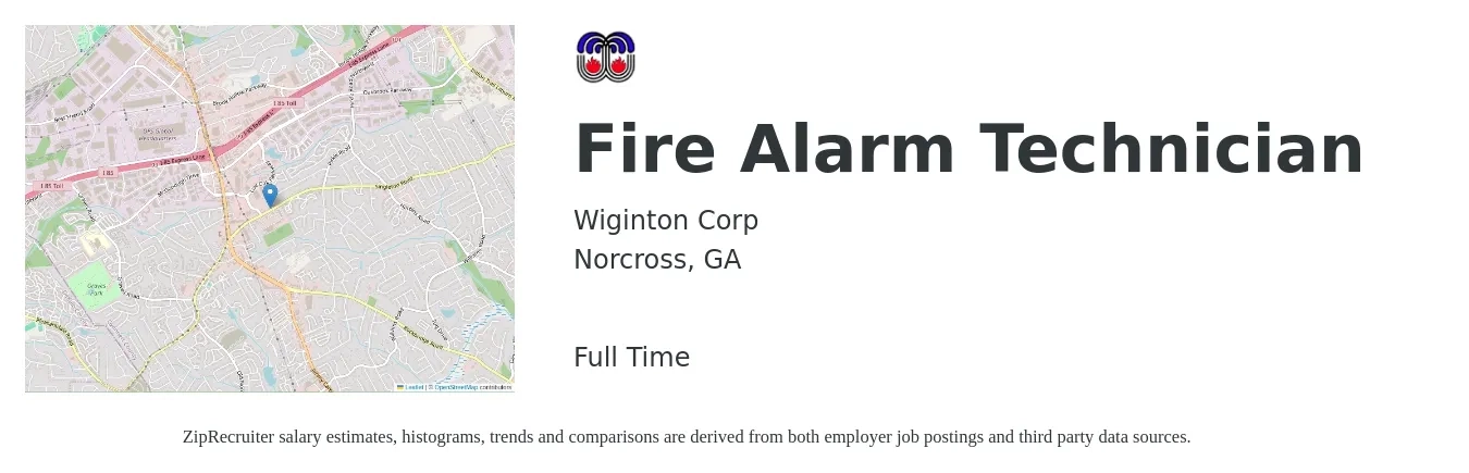 Wiginton Corp job posting for a Fire Alarm Technician in Norcross, GA with a salary of $20 to $30 Hourly with a map of Norcross location.