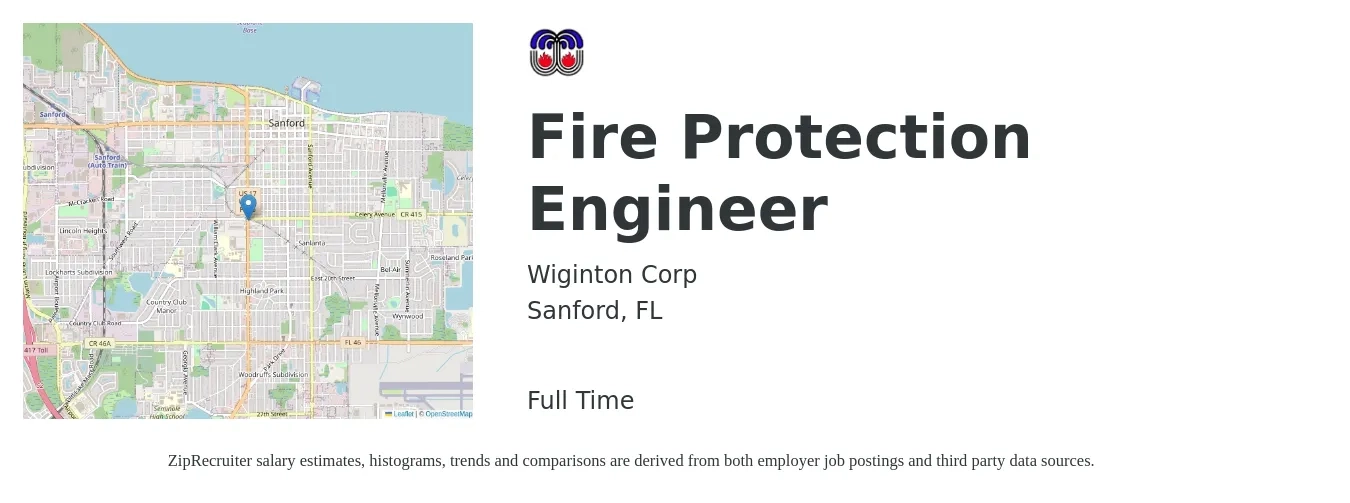 Wiginton Corp job posting for a Fire Protection Engineer in Sanford, FL with a salary of $74,800 to $100,900 Yearly with a map of Sanford location.