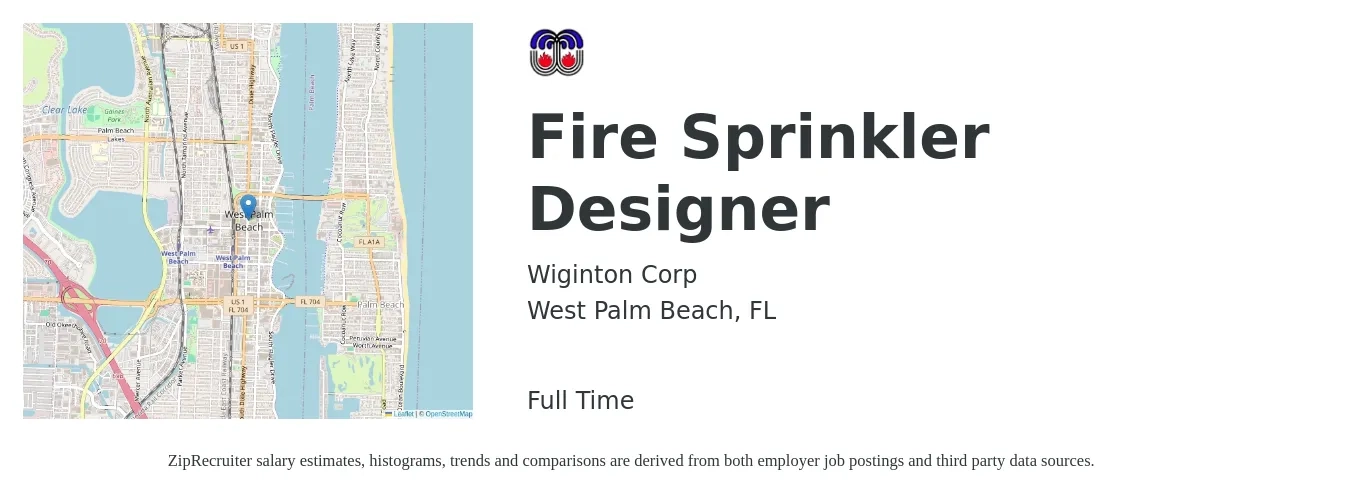 Wiginton Corp job posting for a Fire Sprinkler Designer in West Palm Beach, FL with a salary of $26 to $35 Hourly with a map of West Palm Beach location.