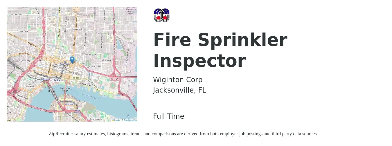 Wiginton Corp job posting for a Fire Sprinkler Inspector in Jacksonville, FL with a salary of $45,500 to $63,400 Yearly with a map of Jacksonville location.