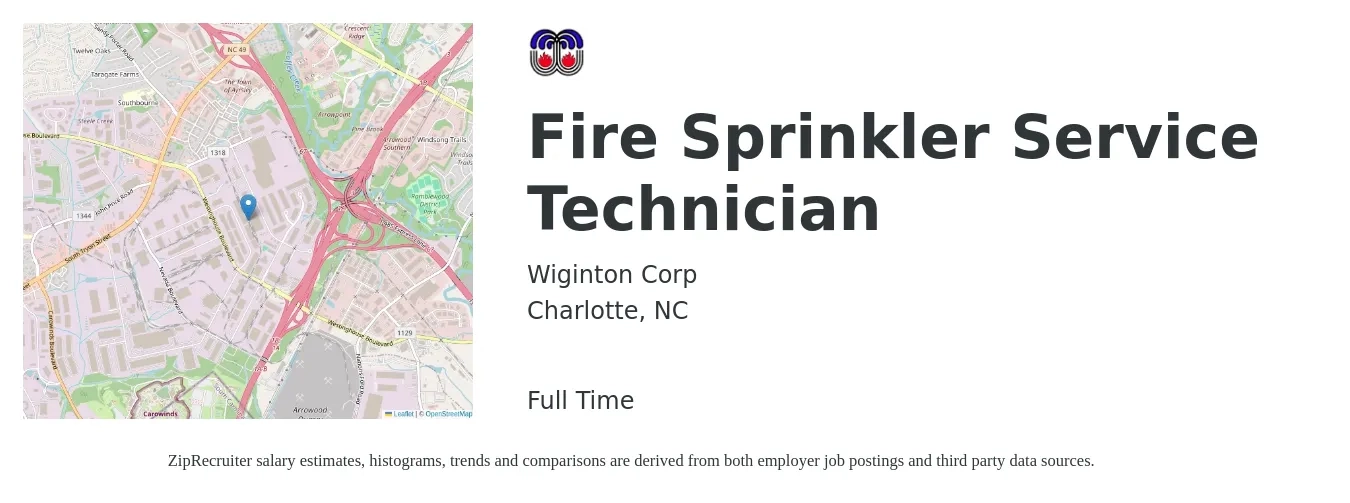 Wiginton Corp job posting for a Fire Sprinkler Service Technician in Charlotte, NC with a salary of $24 to $31 Hourly with a map of Charlotte location.