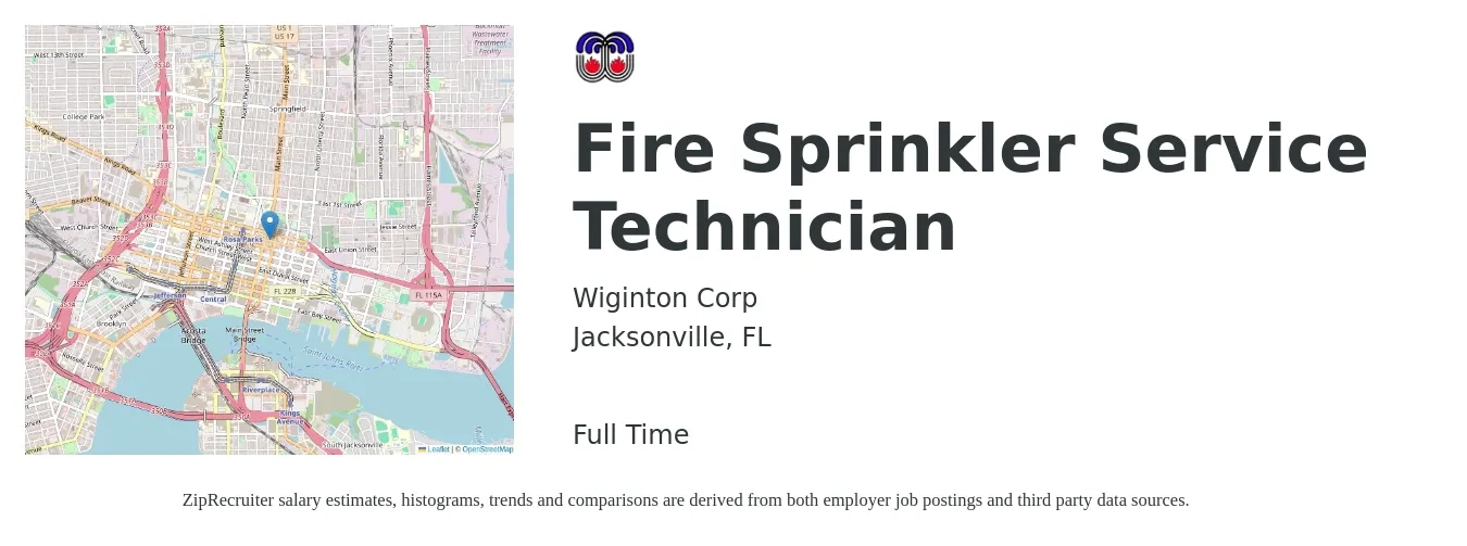 Wiginton Corp job posting for a Fire Sprinkler Service Technician in Jacksonville, FL with a salary of $19 to $29 Hourly with a map of Jacksonville location.