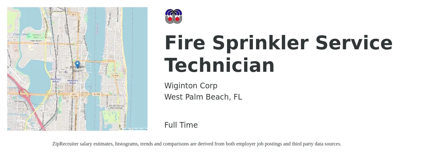 Wiginton Corp job posting for a Fire Sprinkler Service Technician in West Palm Beach, FL with a salary of $21 to $32 Hourly with a map of West Palm Beach location.