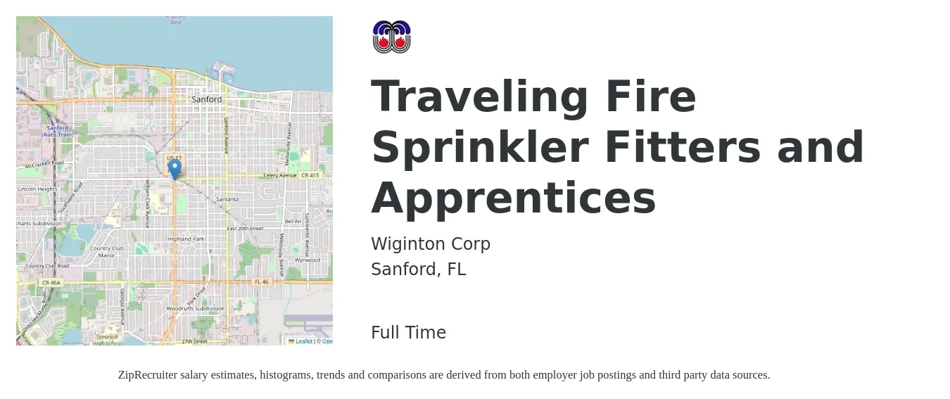 Wiginton Corp job posting for a Traveling Fire Sprinkler Fitters and Apprentices in Sanford, FL with a salary of $20 to $33 Hourly with a map of Sanford location.