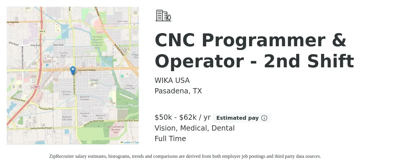 WIKA USA job posting for a CNC Programmer & Operator - 2nd Shift in Pasadena, TX with a salary of $50,000 to $62,000 Yearly and benefits including retirement, vision, dental, life_insurance, medical, and pto with a map of Pasadena location.