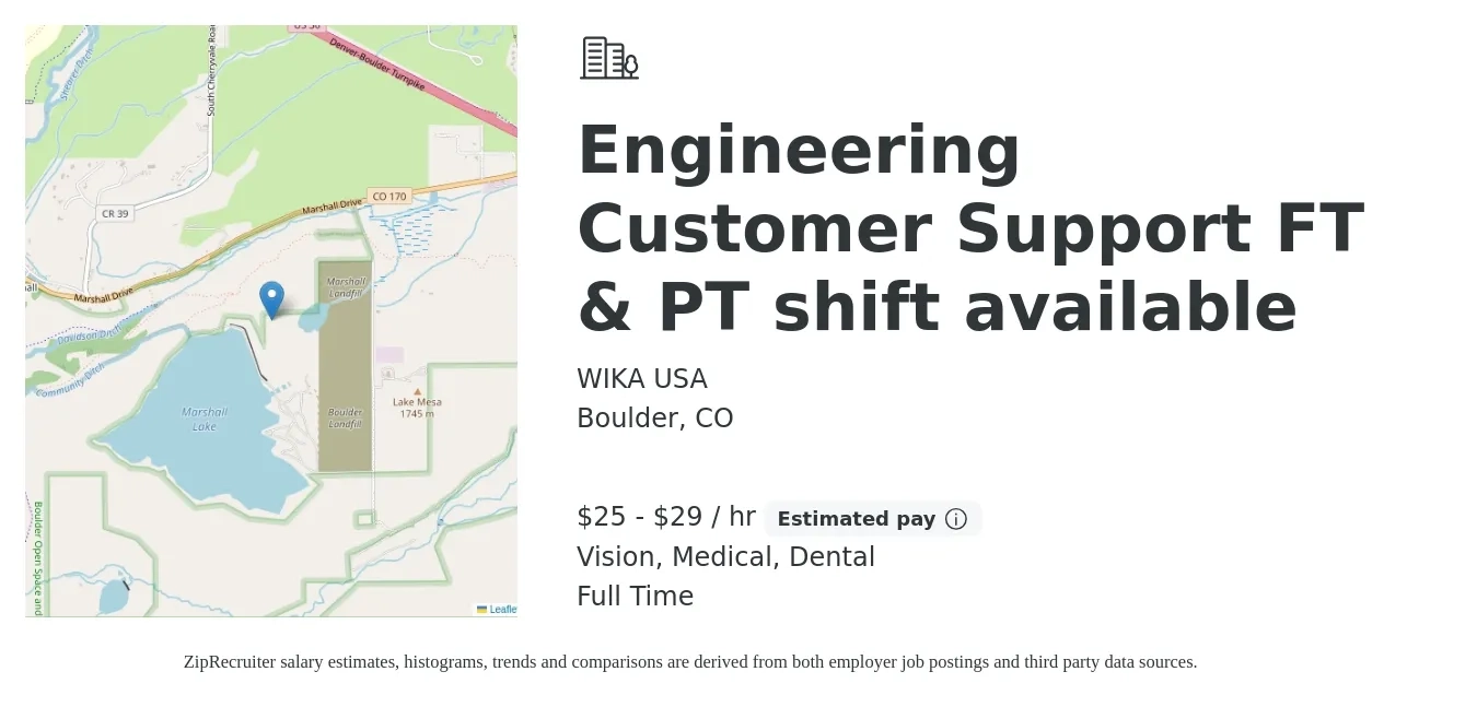WIKA USA job posting for a Engineering Customer Support FT & PT shift available in Boulder, CO with a salary of $27 to $31 Hourly and benefits including dental, life_insurance, medical, retirement, and vision with a map of Boulder location.