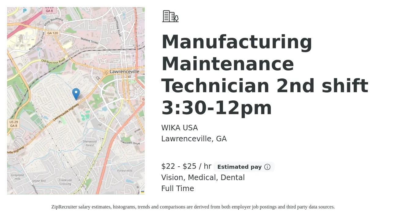 WIKA USA job posting for a Manufacturing Maintenance Technician 2nd shift 3:30-12pm in Lawrenceville, GA with a salary of $23 to $27 Hourly and benefits including dental, life_insurance, medical, retirement, and vision with a map of Lawrenceville location.