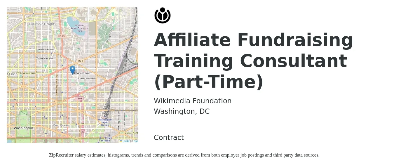 Wikimedia Foundation job posting for a Affiliate Fundraising Training Consultant (Part-Time) in Washington, DC with a salary of $13 to $13 Hourly with a map of Washington location.