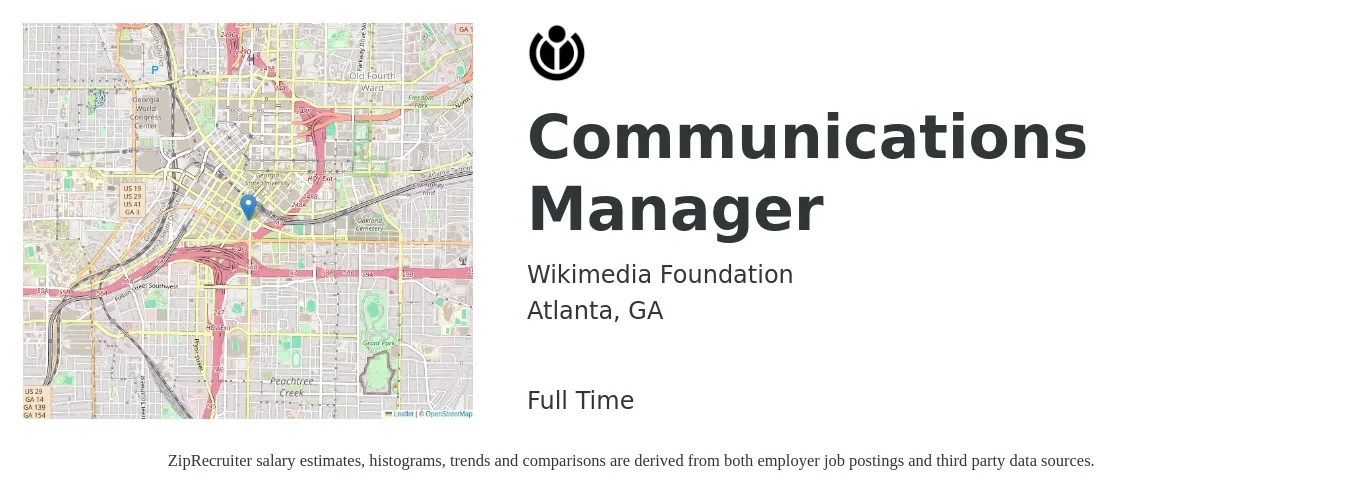 Wikimedia Foundation job posting for a Communications Manager in Atlanta, GA with a salary of $63,500 to $93,800 Yearly with a map of Atlanta location.