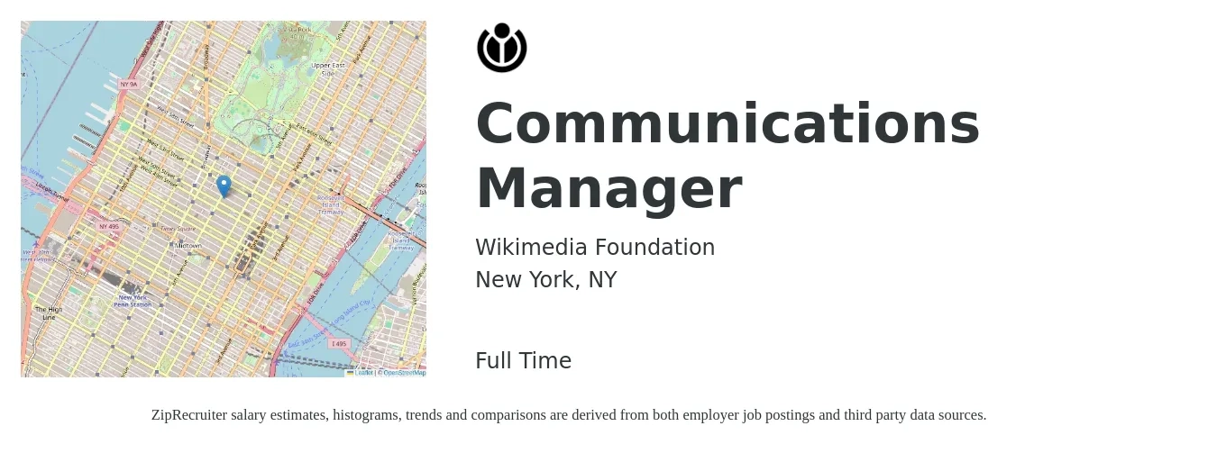 Wikimedia Foundation job posting for a Communications Manager in New York, NY with a salary of $72,200 to $106,700 Yearly with a map of New York location.