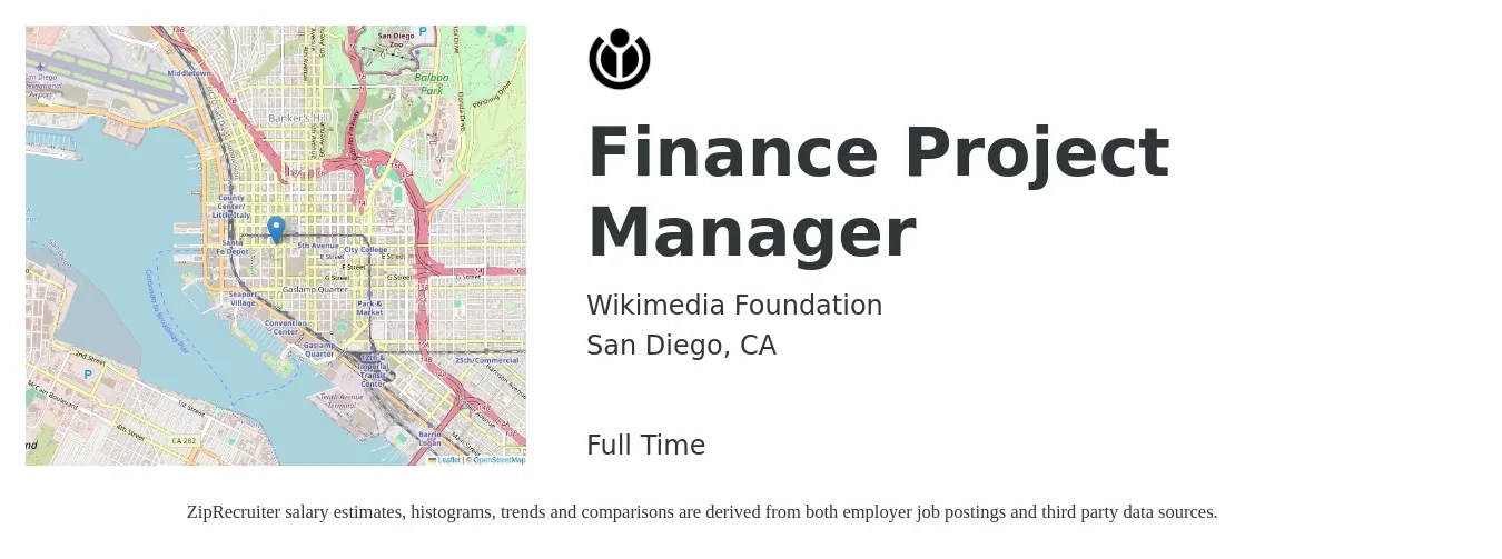 Wikimedia Foundation job posting for a Finance Project Manager in San Diego, CA with a salary of $52 to $80 Hourly with a map of San Diego location.
