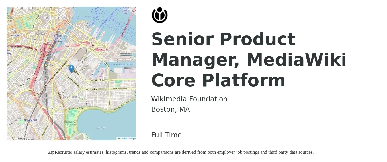 Wikimedia Foundation job posting for a Senior Product Manager, MediaWiki Core Platform in Boston, MA with a salary of $137,400 to $181,400 Yearly with a map of Boston location.