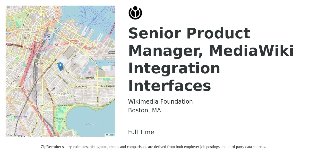 Wikimedia Foundation job posting for a Senior Product Manager, MediaWiki Integration Interfaces in Boston, MA with a salary of $137,400 to $181,400 Yearly with a map of Boston location.