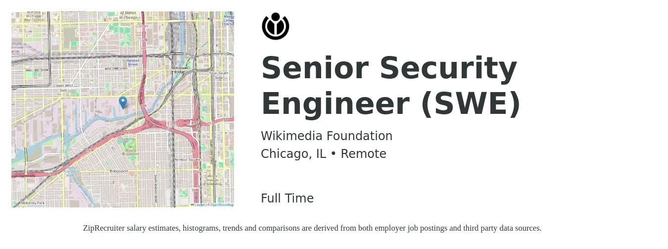 Wikimedia Foundation job posting for a Senior Security Engineer (SWE) in Chicago, IL with a salary of $118,000 to $161,700 Yearly with a map of Chicago location.