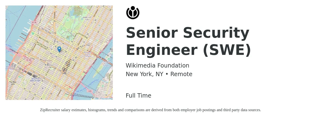 Wikimedia Foundation job posting for a Senior Security Engineer (SWE) in New York, NY with a salary of $125,300 to $171,800 Yearly with a map of New York location.