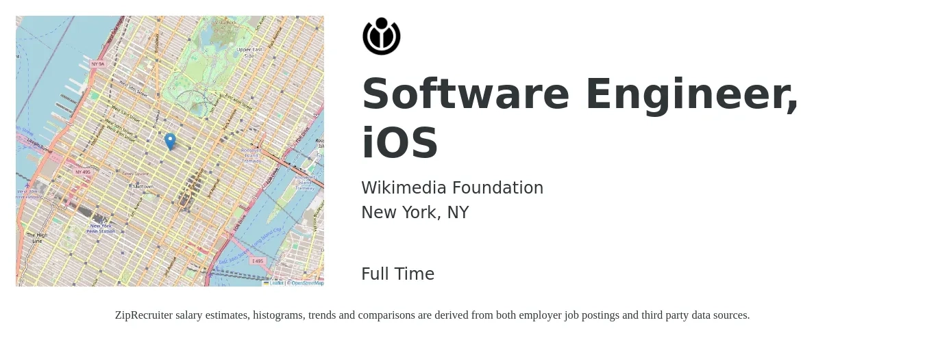 Wikimedia Foundation job posting for a Software Engineer, iOS in New York, NY with a salary of $56 to $78 Hourly with a map of New York location.
